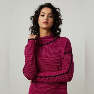 Joseph Ribkoff Jacquard Funnel Neck Top Pink Black Size XS Textured Sweater